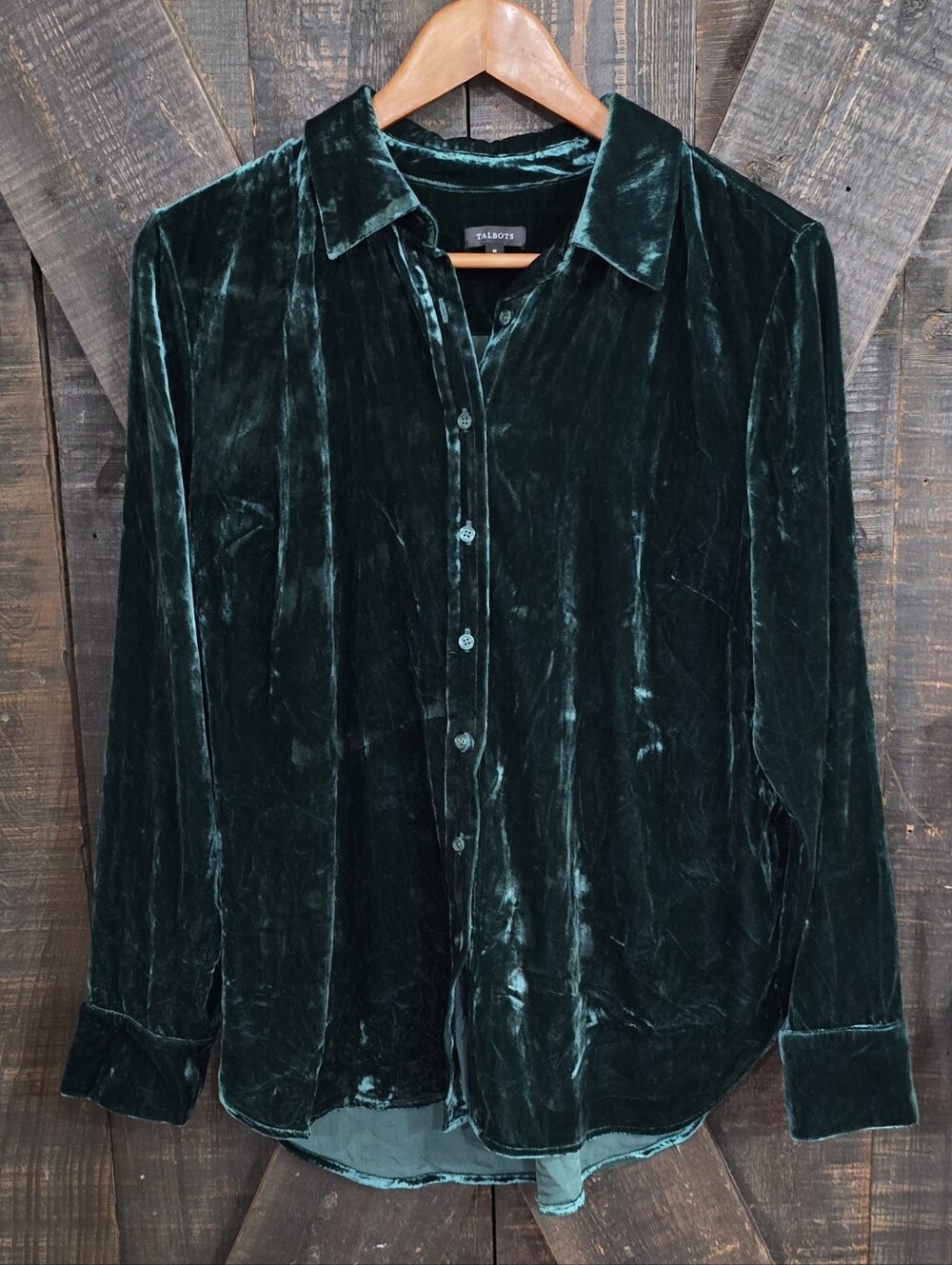 Talbots Emerald Green Velvet Button-Down Shirt Size Medium